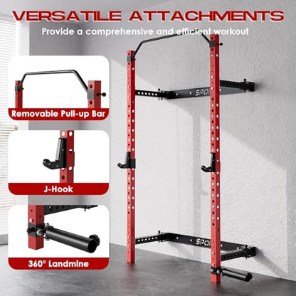 Garvee Folding Squat Rack for Home Gym, 2.36 in x 2.36 in Wall Mounted Foldable Squat Rack with Pull Up Bar, J Hooks and Landmine Attachments, 1000 LBS Capacity Space Saving Weight Power Cage