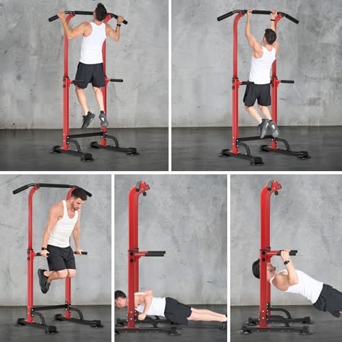 Pull Up Dip Station Adjustable 58.5-82.7 inch, Free Standing Pull Up Bar with 10 Height Settings, 400 lbs Capacity Multifunctional Home Gym Tower for Home Gym Pull Ups Dips Push Ups Core Workouts