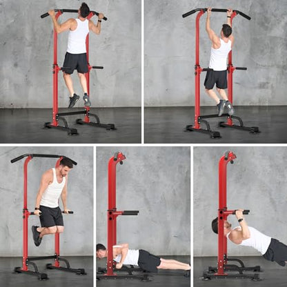 Pull Up Dip Station Adjustable 58.5-82.7 inch, Free Standing Pull Up Bar with 10 Height Settings, 400 lbs Capacity Multifunctional Home Gym Tower for Home Gym Pull Ups Dips Push Ups Core Workouts
