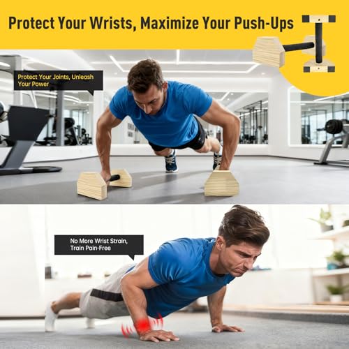 Push-up Stand, Wooden Parallettes Bars for Handstand Training, Solid Push Up Bars & Calisthenics Bar, with Non-Slip strap, Exercise Home Workout Equipment for Men Strength Training