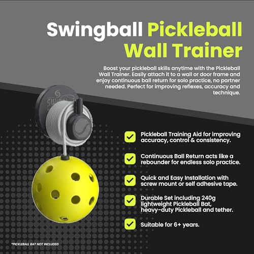 Swingball Solo Pickleball Trainer Set – Wall Mount Rebounder with Real Ball Tether – Indoor/Outdoor Practice Partner for All Skill Levels – Perfect Solo Training Aid - No Paddle Included, Ages 6+