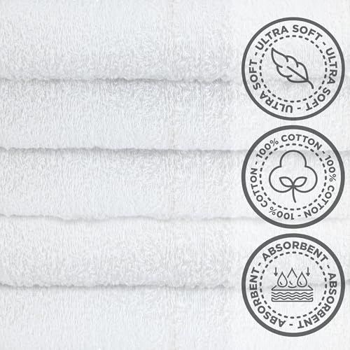 Crystal Ridge 100% Cotton Premium Wash Cloths, 12"x12", 8 Pack, Soft Feel, Absorbent Multipurpose Towels for Bathroom, Kitchen and Gym. Face & Body Washcloths, Bar Towels (8, White)