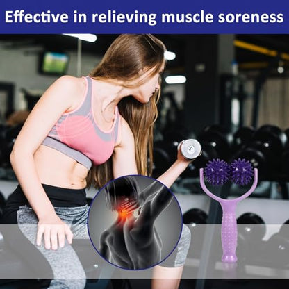 Spiky Massage Balls Rollers with Dual Ball Design, Manual Massage Stick with Ergonomic Handle, Lightweight and Portable Point Muscle Massages Tool Pain Relief for Back Neck Shoulder Leg - color: Purple