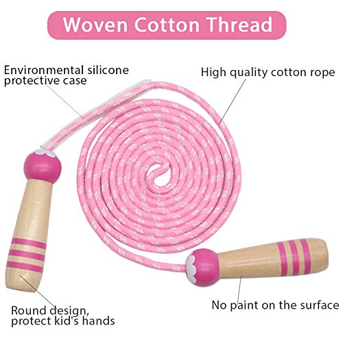 Jump Rope Kids, 7ft Adjustable Cotton Skipping Rope with Wooden Handle for Boys and Girls Fitness Outdoor Exercise - style: Pink