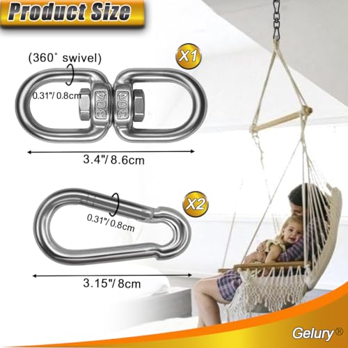 2+1 Heavy Duty 304 Stainless Steel Swing Swivel Ring, Double Ended Swivel Eye Hooks with Snap Hooks, Swing Spinner Hanger for Web Tree Swing, Hammock Chair (Silver, 1Pack) - color: Silver, size: M8 x 1Pack