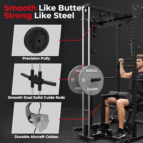 Mikolo F4 2.0 Power Cage with Dual-Track Smooth Pulley System, 1200LBS Power Rack with Leg Hold-Down for Heavy LAT Pulldowns - color: Black, size: F4 2.0 (with Bench＆Bar＆230LB BP）