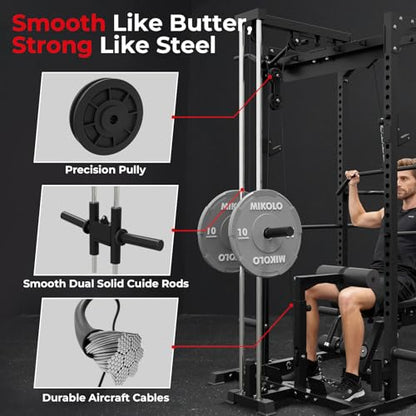 Mikolo F4 2.0 Power Cage with Dual-Track Smooth Pulley System, 1200LBS Power Rack with Leg Hold-Down for Heavy LAT Pulldowns - color: Black, size: F4 2.0 (with Bench＆Bar＆230LB BP）