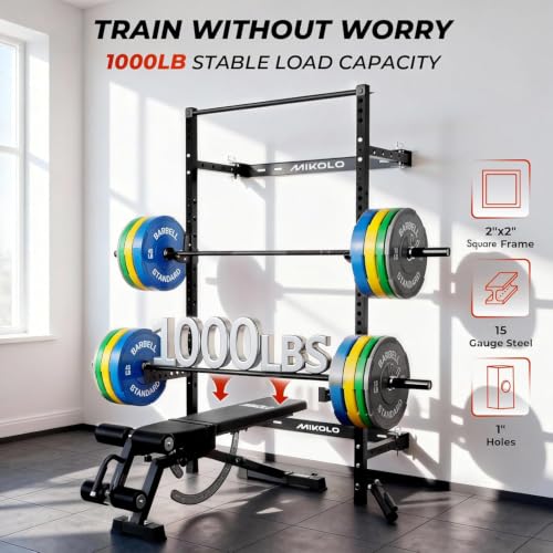 Mikolo 2" x 2" Folding Wall Mounted Squat Rack, 1000 Pounds Capacity Power Rack with Pull Up Bar, J Hooks and Other Attachments, Space-Saving Home Gym - color: Black, style: Squat Rack with Safety Catches