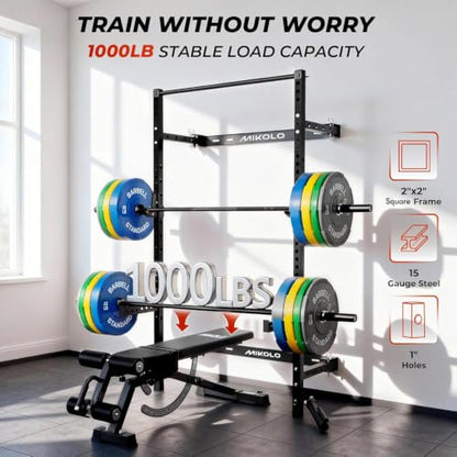 Mikolo 2" x 2" Folding Wall Mounted Squat Rack, 1000 Pounds Capacity Power Rack with Pull Up Bar, J Hooks and Other Attachments, Space-Saving Home Gym - color: Black, style: Squat Rack with Safety Catches