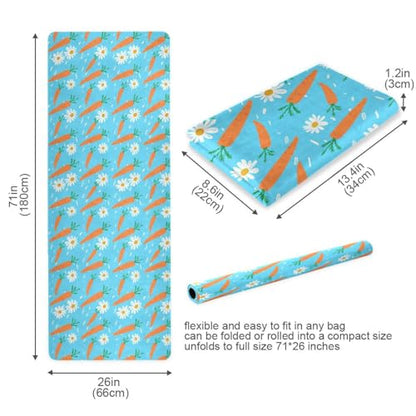 Carrots Daisies Blue Thin Yoga Mat for Women Men, Non-Slip Rubber Base Sweat Absorbent Exercise Mat for Indoor/Outdoor, Portable Foldable with Storage Bag, 71"x26"