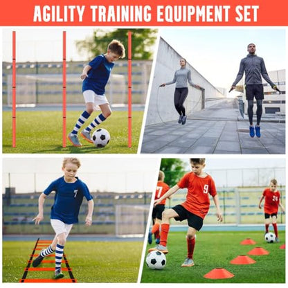 Soccer Agility Training Equipment, Includes 20ft Agility Ladder, 6 Adjustable Agility Poles, 10 Disc Cones, Jump Rope-Speed Training Set for Soccer Football Basketball Athletes - color: Orange