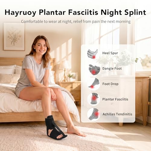 Upgraded Plantar Fasciitis Night Splint with Massage Ball for Foot Pain Relief Causing by Plantar Fasciitis, Achilles Tendonitis, Heel Spur, Comfortable & Easy-to-use Brace for Men & Women, Black Large