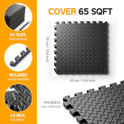 Puzzle Exercise Mat ½ in, EVA Interlocking Foam Floor Tiles for Home Gym, Mat for Home Workout Equipment, Floor Padding for Crawling, Black, 20 in x 20 in x ½ in, 64 Sq Ft - 24 Tiles (24, Black)
