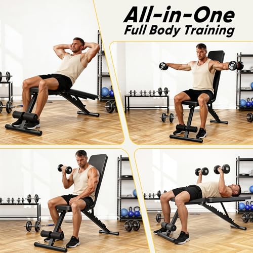 Adjustable Weight Bench for Home Gym, 600LBS Capacity Foldable Workout Bench with 7 Backrest Positions for Full Body Exercise, Compact for Small Spaces, Incline Decline Flat Bench with Quick Adjustment & Easy Folding