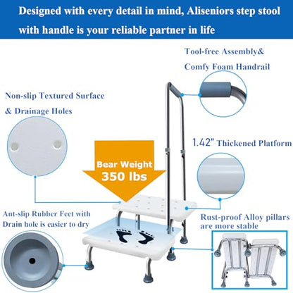 Step Stool with Handle and Non-Skid Platform, Heavy Duty 2 Steps Medical Foot Stool for Adult, Seniors, Handicap Holds up to 350 lbs