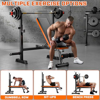 Fostoy 770lbs Weight Bench Set with Squat Rack, 5 in 1 Workout Bench Press With Removable Foot Catch, Adjustable Flat Incline Sit Up Bench for Home Gym Full Body Strength Training