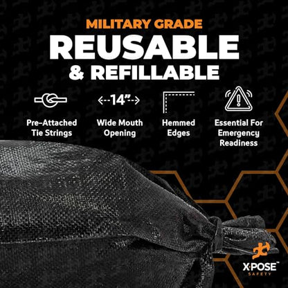 Xpose Safety Heavy Duty Sand Bags with Tie Strings – Empty Woven Polypropylene Sandbags for Hurricane Flood Protection, 100 lb Capacity, 14" x 26", Black, Pack of 500 - color: Black, size: 1 Count (Pack of 500)