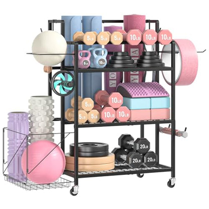 Home Gym Storage Rack, Multi-functional Workout Equipment Storage for Dumbbells, Kettlebells & Yoga Mats, Heavy Duty Weight Rack for Home Garage Gym, Rolling Fitness Equipment Organizer with Hook