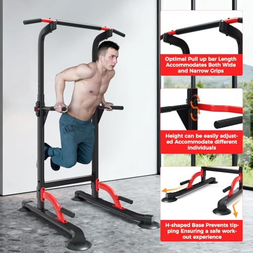 ZENOVA Pull Up Bar Dip Bar Power Tower Workout Dip Station Height Adjustable Free Standing Chin Up Bar for Men Women Teens 300LBS Weight Capacity