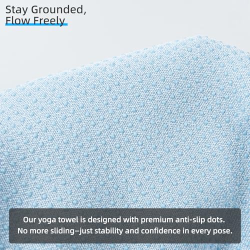 YESLIFE Non-Slip Extra Thick Hot Yoga Towel with One Sweat Towel, Microfiber Sweat Absorbent Yoga Mat Towel with Grip Dot, Pilates Mat, 72" x 24", Light Blue