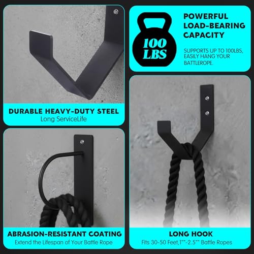 Exercise Rope Wall Mount Kit Heavy Duty Steel Wall Anchor and Storage Hook for 30-50 Ft, 1"-2.5" Ropes Durable Workout Rope Holder for Home and Gym Use