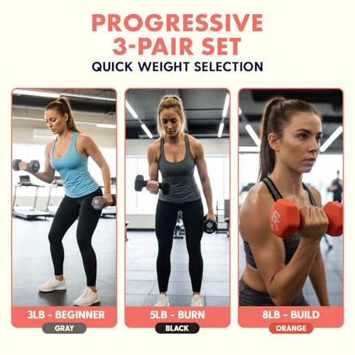 SQUATZ Dumbbell Weights Set with Stand, 32lbs Neoprene Coated Weights in Color Gray, Black, and Orange, Hex Shape Anti Slip and Roll Dumbbells for Exercise, Training, Fitness, Yoga