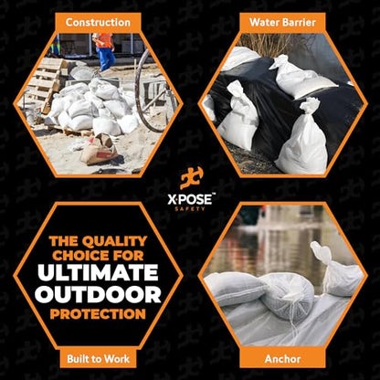 Xpose Safety Heavy Duty Sand Bags with Tie Strings – Empty Woven Polypropylene Sandbags for Hurricane Flood Protection, 100 lb Capacity, 18" x 30", White, Pack of 20 - size: 20 Sandbags