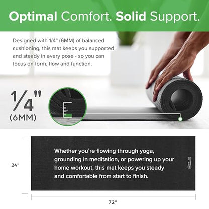 Gaiam Essentials 1/4" Thin (6mm) Yoga & Pilates, Fitness & Exercise Mat with Easy-Cinch Carrier Strap Cusion Support For Fitness and Gym Workouts - color: Black