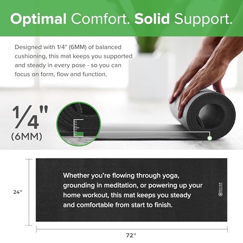 Gaiam Essentials 1/4" Thin (6mm) Yoga & Pilates, Fitness & Exercise Mat with Easy-Cinch Carrier Strap Cusion Support For Fitness and Gym Workouts - color: Black