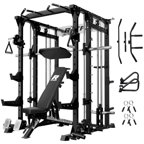 RitFit Buffalo Smith Machine, Power cage with LAT-Pull Down System & Cable Crossover System, All-in-One Squat Rack for Home Gym, Power Rack - color: BLACK, size: Package(With Bench)
