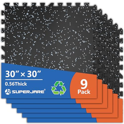 SUPERJARE 30" x 30" Larger Rubber Top Exercise Equipment Mats, 0.56" Thick 9PCS 56.3 Sq Ft High-Density EVA Foam Interlocking Gym Flooring, Big Workout Mat for Home Gym, Floor Protection, Black/Grey