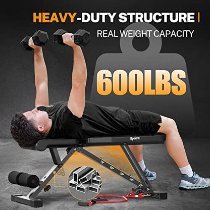 Adjustable Weight Bench, Full Body Workout Bench for Home Gym, Multi-Purpose Small Lightweight Bench with Workout Poster & Resistance Bands, Folding Weight Bench Super Easy Assembly