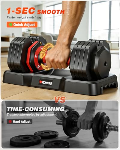 Rendpas Adjustable Dumbbells Set of 2, 5-in-1/10-in-1/16-in-1 Quick-Lock Hand Weights 25/55/80 lbs Pair, Anti-Slip Handle Free Weights Set for Home Gym Strength Training for Men Women - color: Classic Red-55LBS Pair-5 Weights
