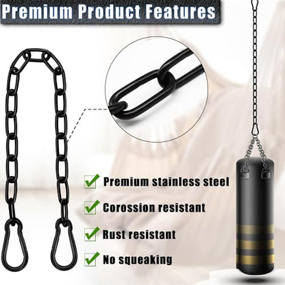 2 Pack Hanging Swing Chain with 4 Carabiners 25in, 660LB Capacity Heavy Duty Hammock Hardware Kit for Punching Bags, Swing Chairs, Indoor & Outdoor Gym (Black)