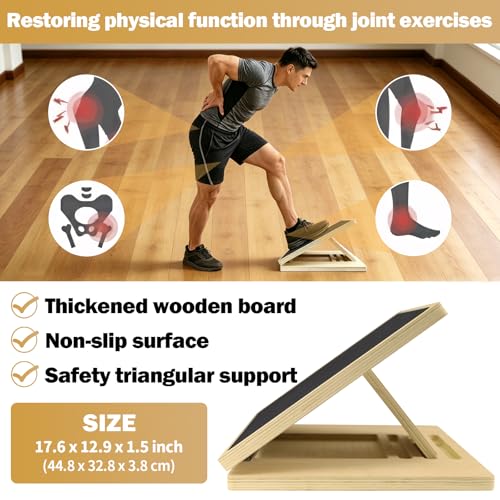 Slant Board for Calf Stretching and Exercise, 4 Angle Portable Adjustable Wooden Calf Stretch Board with Training Poster, 300 Lbs Weight Capacity Velour Board for Leg Knees Physical Therapy Equipment