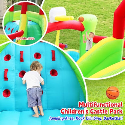 WELLFUNTIME Inflatable Water Double Slides Park with Blower, Bouncy Castle with Rock Climbing, Jumping Area for Basketball