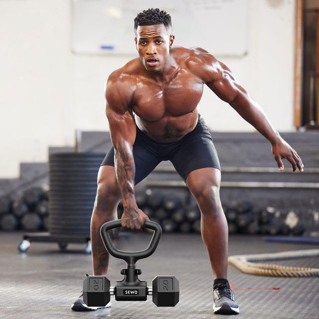 Convert Dumbbells into Kettlebell by SEWD – Adjustable Weights & Up to 220LB Capacity Kettlebell Handle for Weight Lifting, 90-Degree Rotating Handle, Compatible with Dumbbells (max 1.5" handle diameter, min 4.5" handle length）
