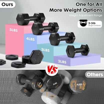 EQUIPRO Adjustable Dumbbell Set, 4 in 1 Free Weights Dumbbells Set for Women, Weights for Women at Home, 2lb 3lb 4lb 5lb with TPU Soft Rubber Handle for Home Gym Exercise Training - color: Black
