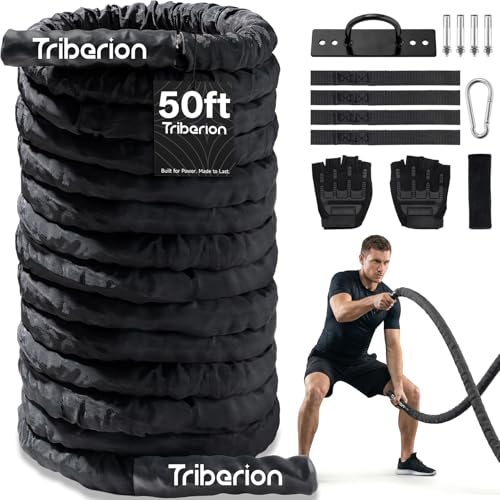 Battle Rope for Home Gym Workout - 1.5 Inch 50ft Heavy Weighted Training Exercise Ropes Fitness Equipment with Sleeve and Anchor Strap Kit for Crossfit Outdoor Working Out