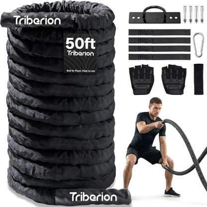 Battle Rope for Home Gym Workout - 1.5 Inch 50ft Heavy Weighted Training Exercise Ropes Fitness Equipment with Sleeve and Anchor Strap Kit for Crossfit Outdoor Working Out