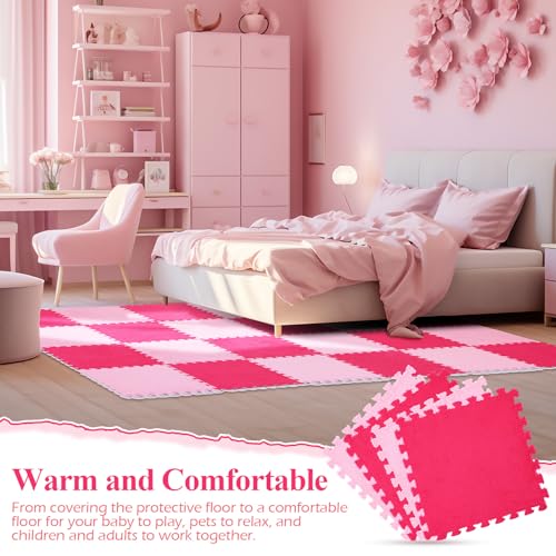 60 Pieces Plush Puzzle Foam Floor Mat Square Interlocking Carpet Tiles with Fluffy Play Mat Floor Tiles Soft Climbing Area Rugs for Living Room Floor Gym Area(Pink, Rose Red)
