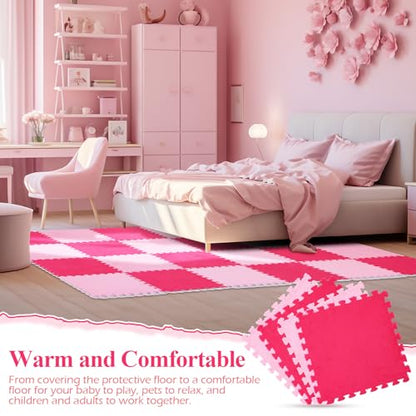 60 Pieces Plush Puzzle Foam Floor Mat Square Interlocking Carpet Tiles with Fluffy Play Mat Floor Tiles Soft Climbing Area Rugs for Living Room Floor Gym Area(Pink, Rose Red)