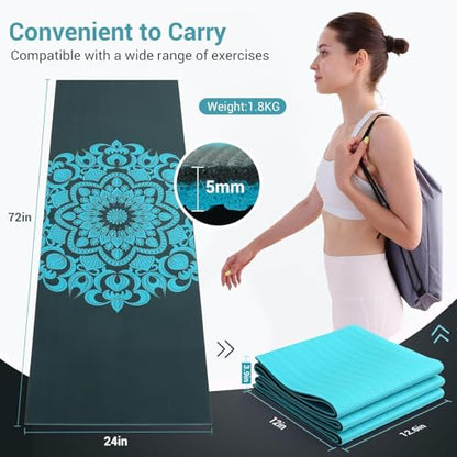 Avoalre Folding Yoga Mat, Eco-Friendly PVC Travel Yoga Mat Packable, Double Sided Non-Slip Printed Yoga Mats with Bag for Home Workout Gym Exercise Fitness Pilates Stretching (72" x 24" x 1/5" Thick) - color: Dark Green