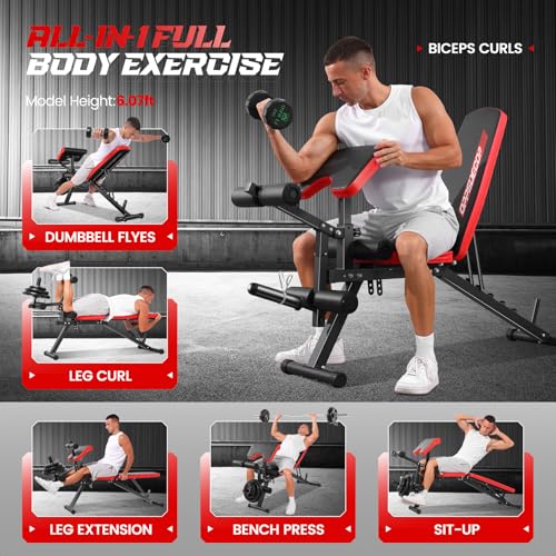 OPPSDECOR Adjustable Weight Bench with Leg Extension and Leg Curl, Workout Bench Press Preacher Curl Bench with Wheels, 800 LBS Flat/Incline/Decline Sit-Up Bench Gym Bench for Home Workout