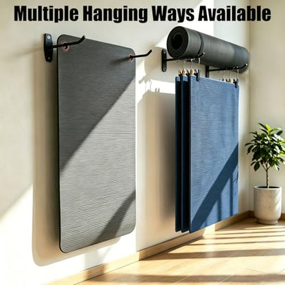 Yoga Mat Wall Mount Hanger,Metal Yoga Mats Storage Rack, Home Gym Storage with 8 Clips, No-Roll Flat Storage for Folded/Rolled Mats, Foam Rollers, Black Wall Organizer for Gym, Yoga Studio, Bedroom