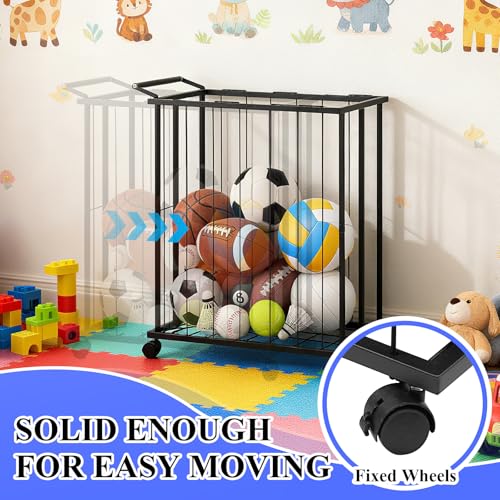 Large Garage Ball Storage Rack with Wheels–Rolling Sports Equipment Organizer Freestanding Ball Holder for Basketball Soccer Volleyball Football–Sports Ball Storage for Garage Gym School Home