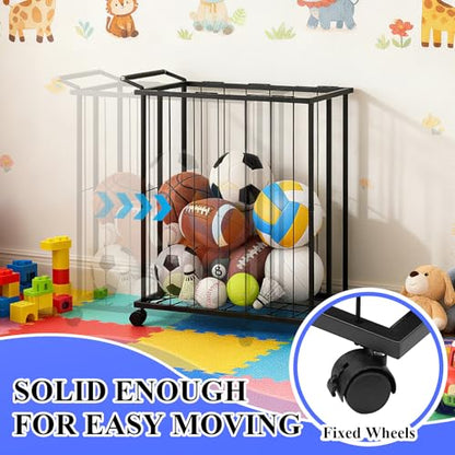 Large Garage Ball Storage Rack with Wheels–Rolling Sports Equipment Organizer Freestanding Ball Holder for Basketball Soccer Volleyball Football–Sports Ball Storage for Garage Gym School Home