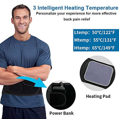 Back Brace with Heating Pad for Lower Back Pain, Cordless Heating Pad for Back, Heated Back Brace for Women and Men, Lumbar Support Brace for Sciatica, Scoliosis, Herniated Disc, Cramps, L