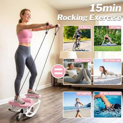 Gadeway U-Shaped Rock Stepper, 2026[New Vision] Rocking Stepper for Exercise at Home, 3D Motion Stair Stepper with Resistance Bands & Balance Board,330 LBS Loading Capacity Exercise Equipment - color: Pink