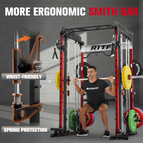 RitFit M1 Pro Smith Machine Cable Crossover Power Cage Home Gym - color: RED, size: M1 PRO (With BP260)